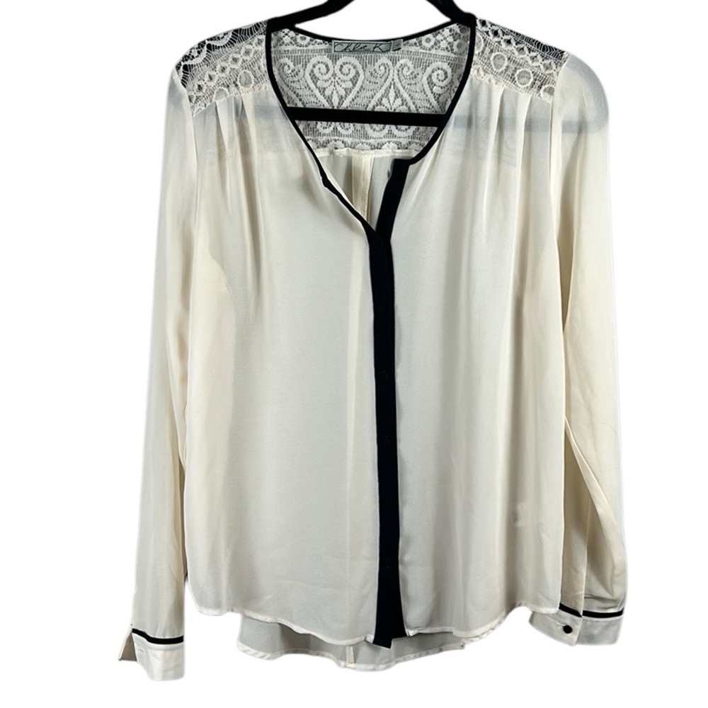 Chloe K Semi Sheer Lace Trim Button Down Blouse Size L